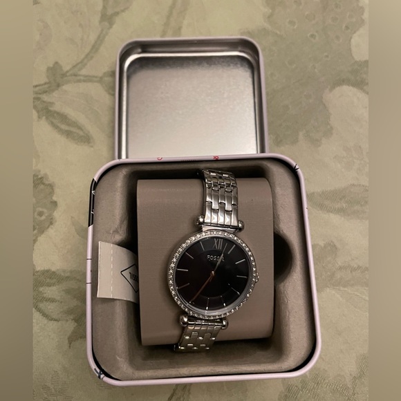New Fossil Rhinestone Details Stainless Steel Watch Christmas Holiday Cheer Tin - Picture 14 of 16